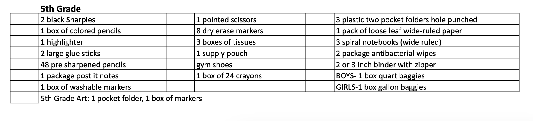 5th grade supplies