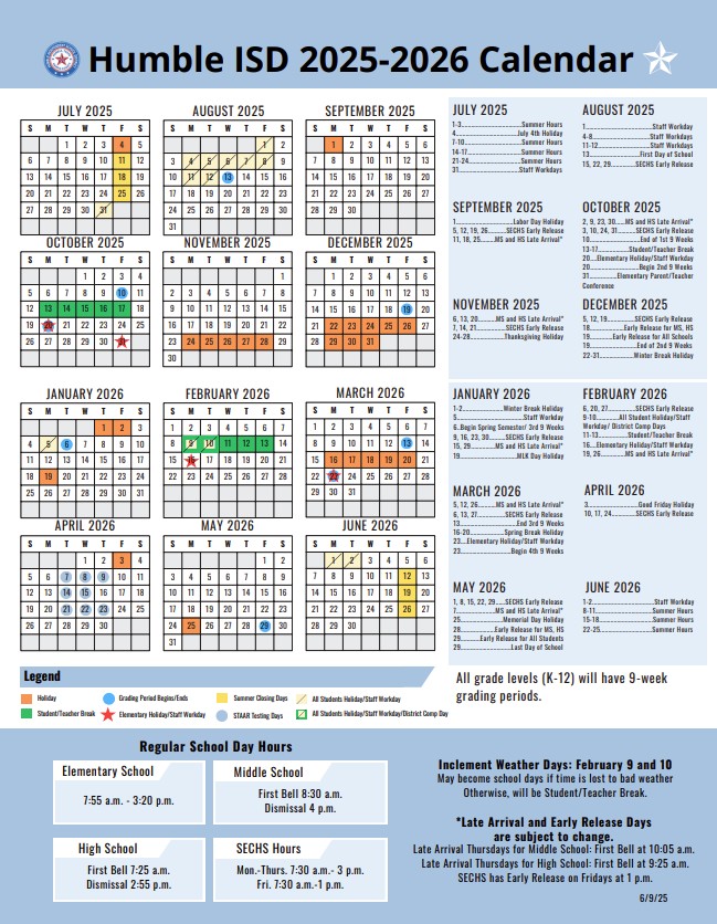 Humble ISD-25-26 Claendar