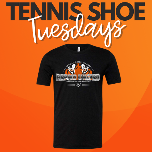 Orange background, words that say, "TENNIS SHOE TUESDAYS," with a photo of a t-shirt