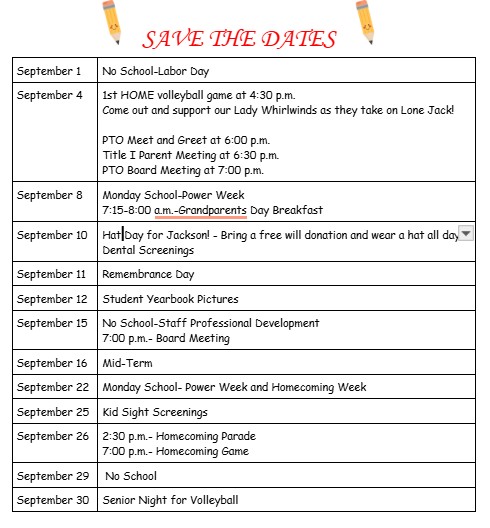 September Dates Listed on Events Page