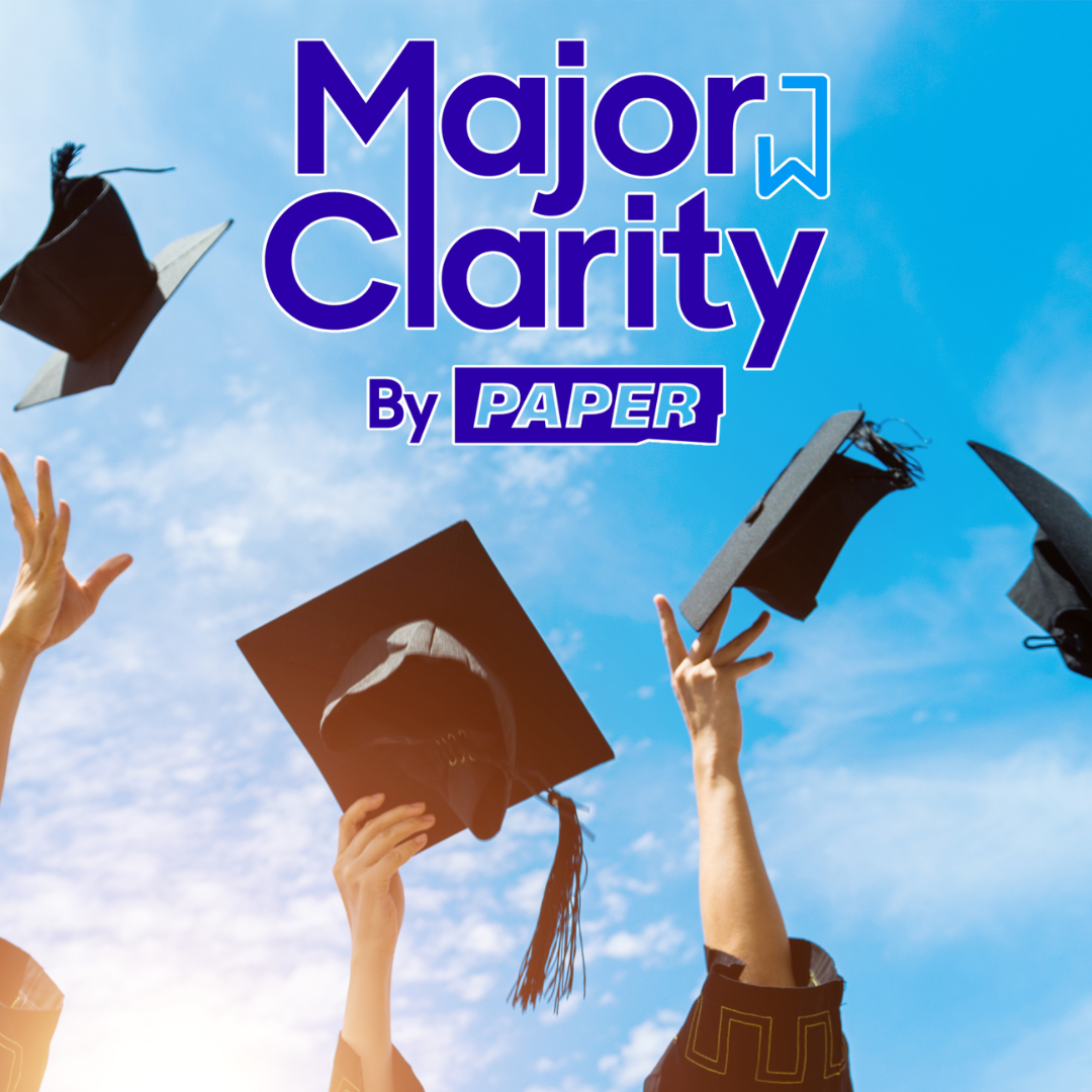 Major Clarity by Paper with graduate caps in the air.