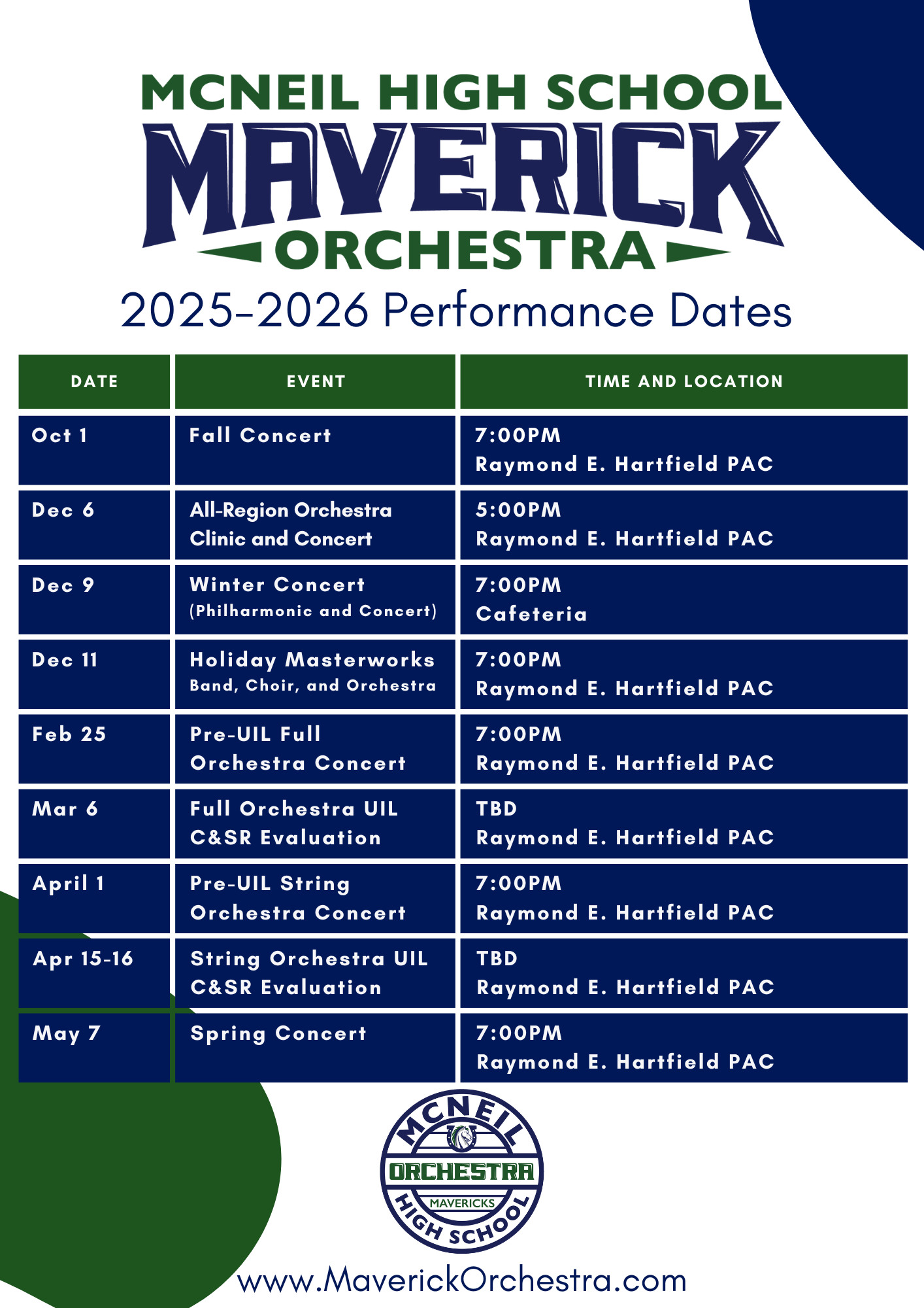 2025-2026 McNeil Orchestra Schedule
