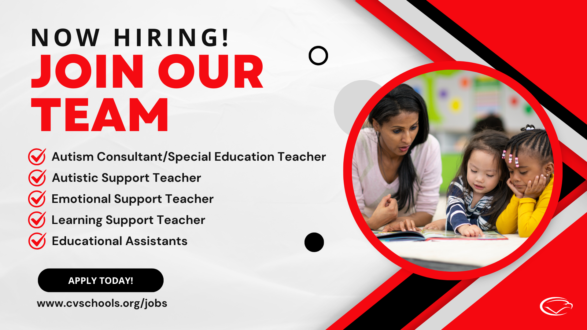 Gray, black, and red image with text that says Now Hiring! Join Our Team and lists a variety of jobs open at Cumberland Valley School District.