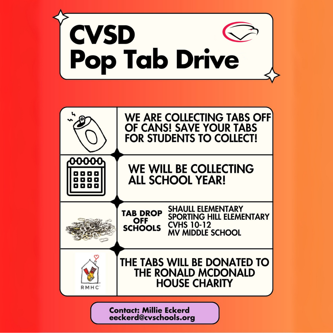 Decorative image with information about CVSD's Pop Tab drive benefiting The Ronald McDonald House Charity.