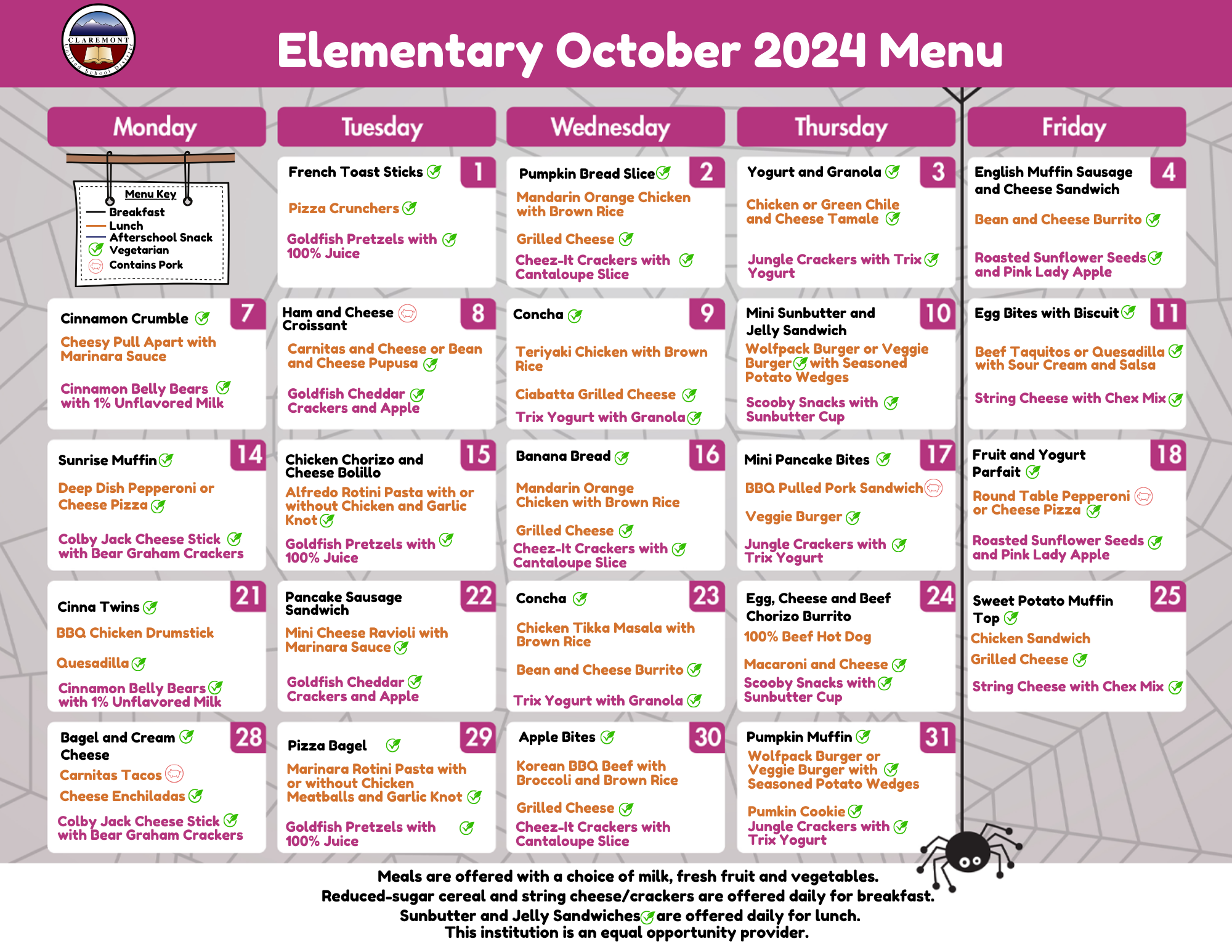 Elementary October 2024 Menu