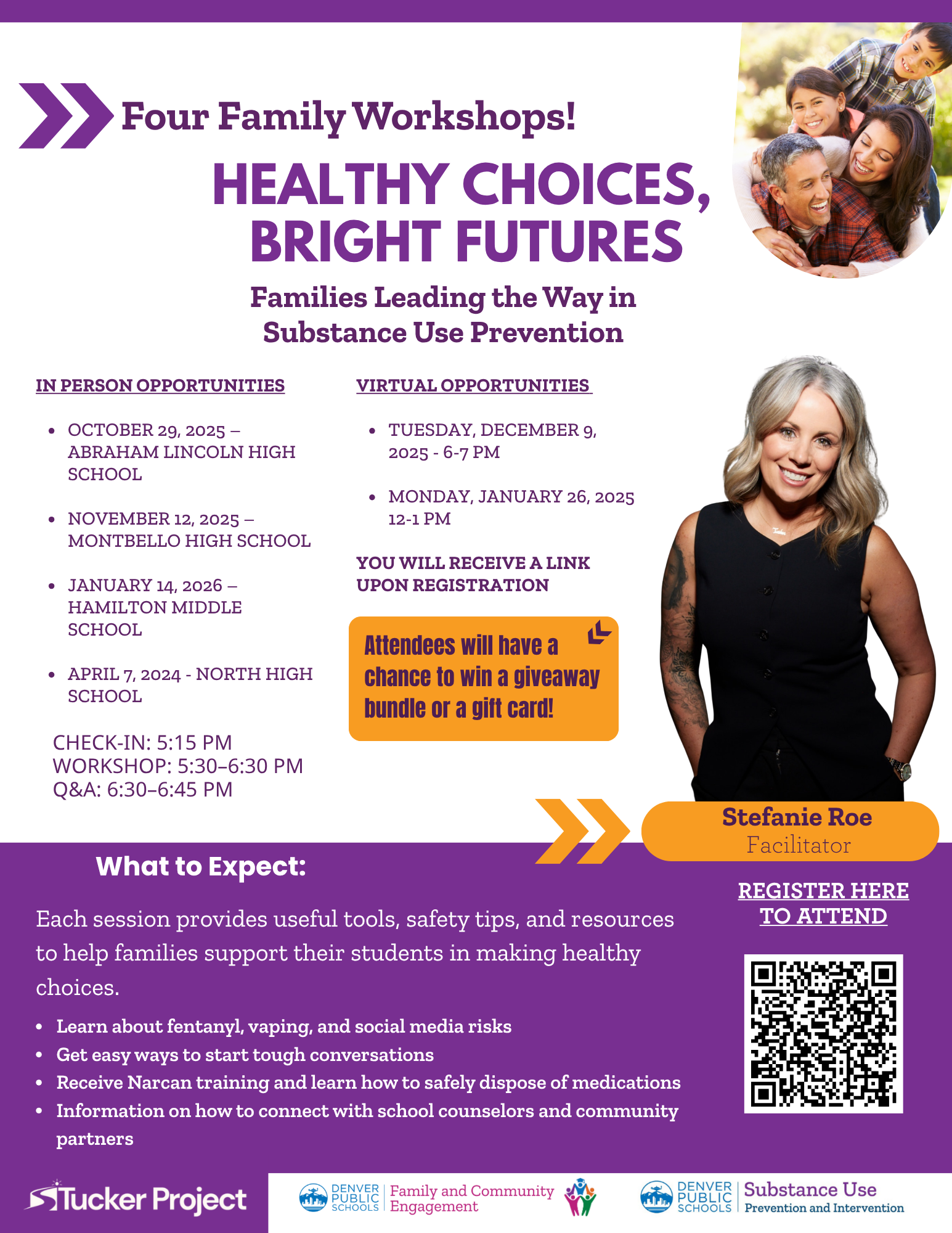 Healthy Choices Bright Futures Substance Use Prevention Workshops flyer- information is shared on dates, locations, and how to register.