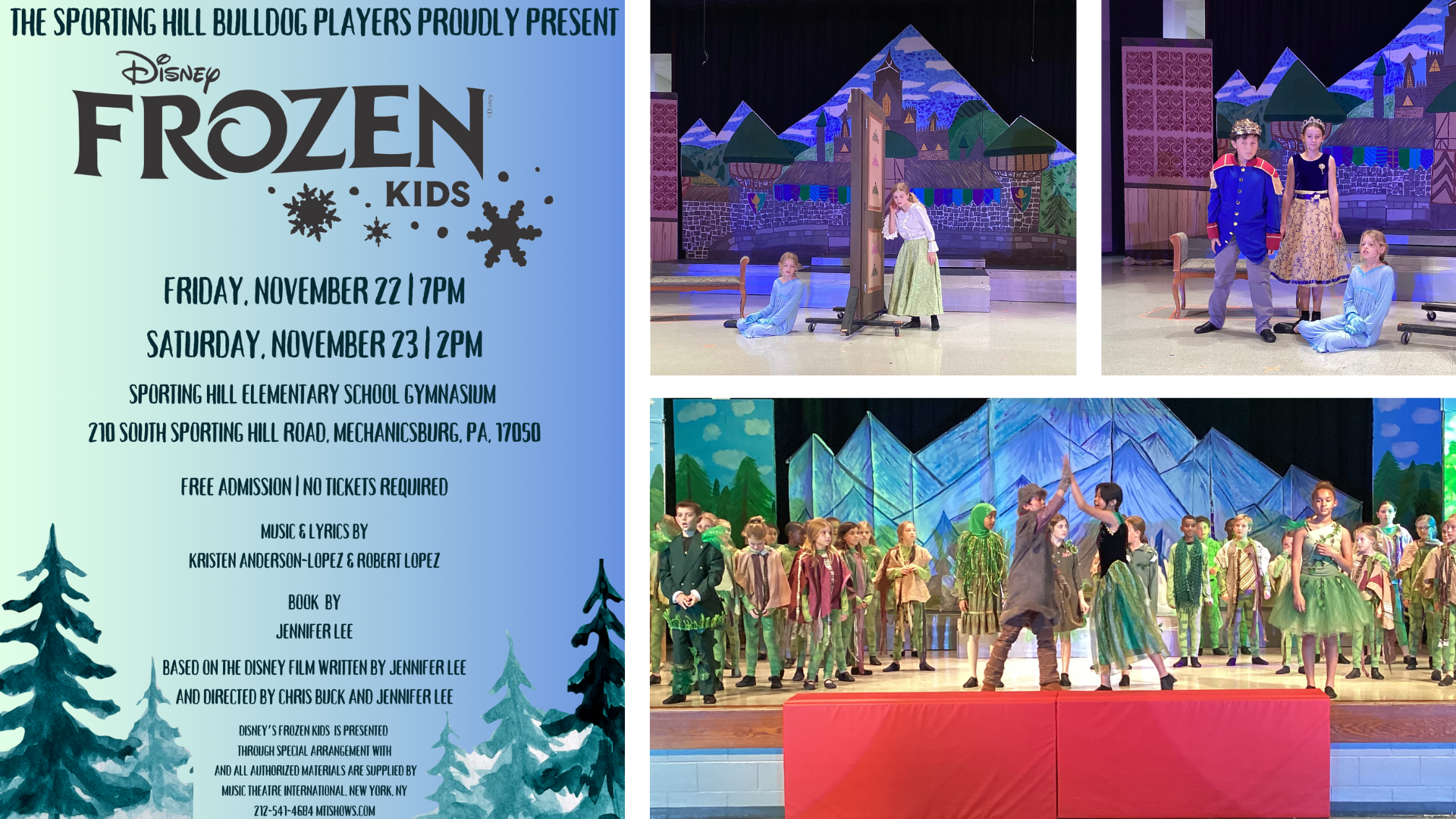 Sporting Hill Elementary proudly presents Disney's Frozen Kids musical on November 22nd and November 23rd.