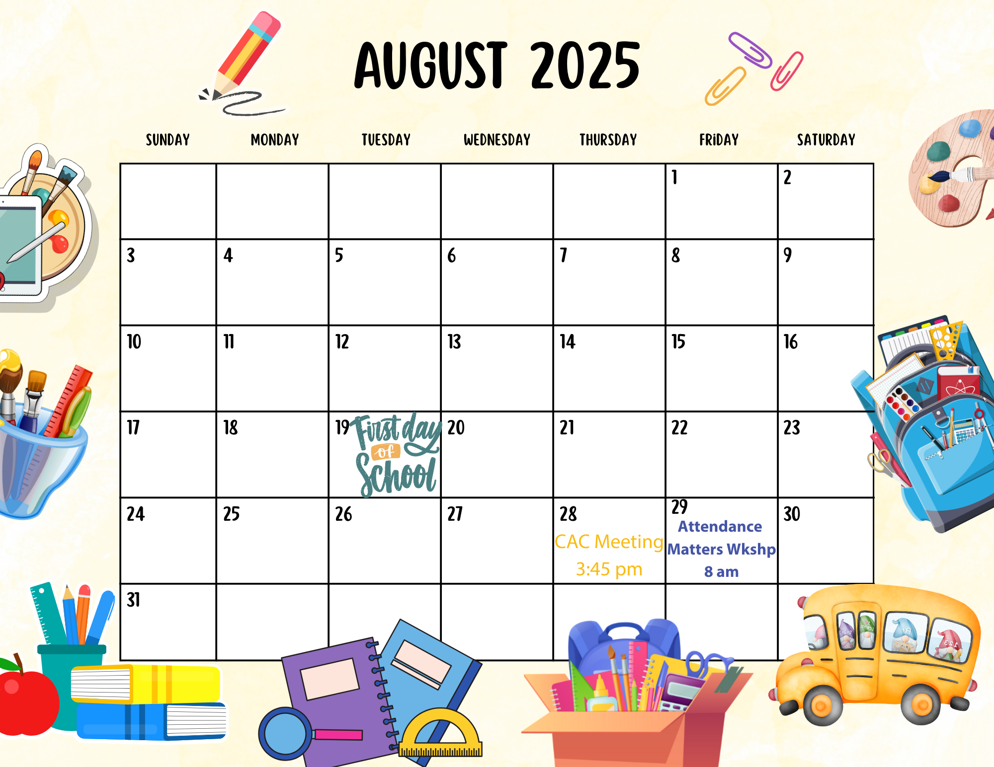 Family Engagement Calendar Aug 2025