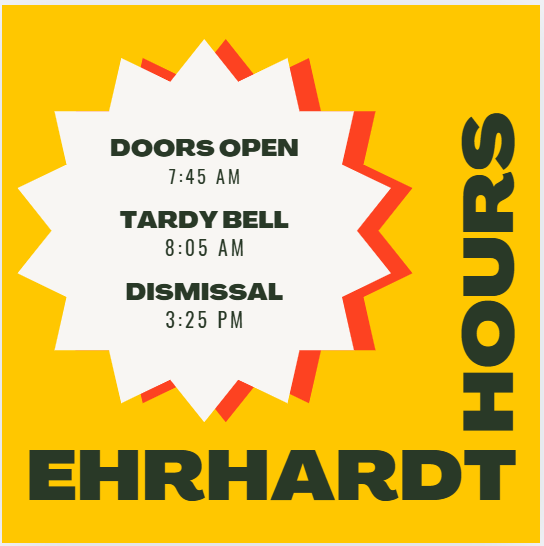 Yellow and black image describing the school day hours