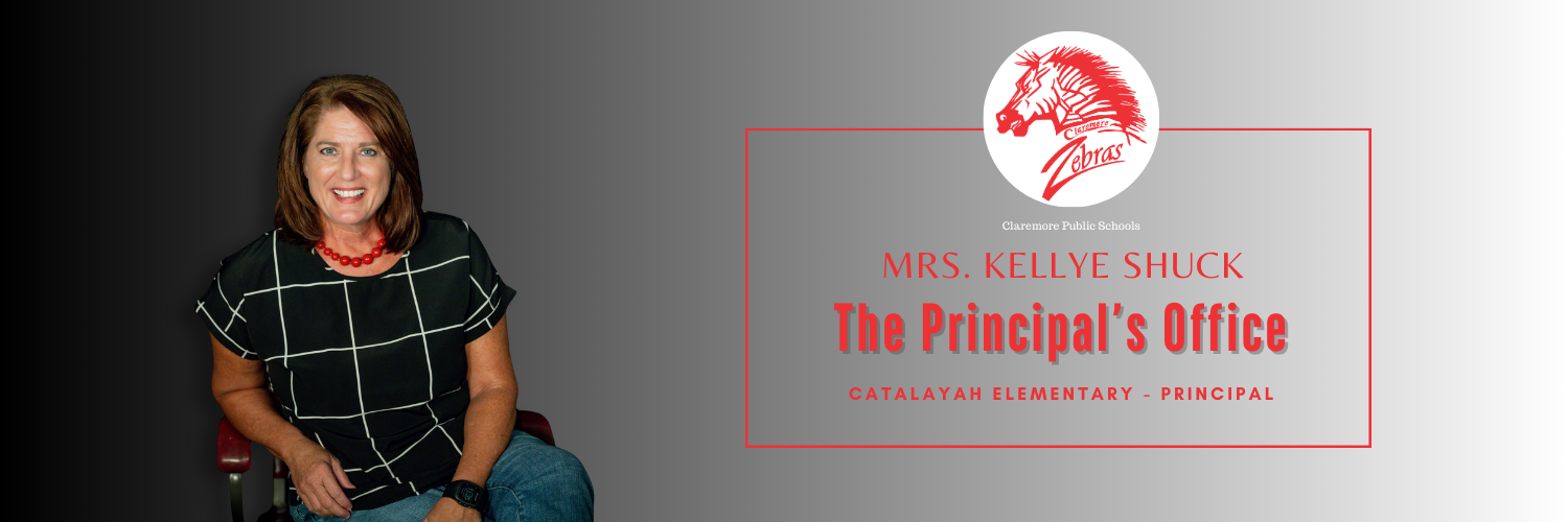 This image is a banner or profile graphic featuring a woman and school branding. Left Side: A photo of a woman, Mrs. Kellye Shuck, smiling and seated. She is wearing a black and white checkered/gridded top and a red necklace. Right Side (Text and Logo): Logo: A red zebra head over the word 