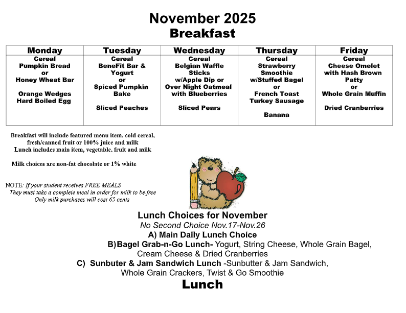 October lunch calendar, page 1