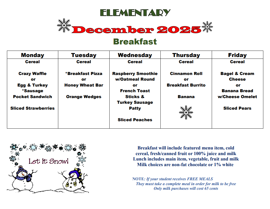 October lunch calendar, page 1