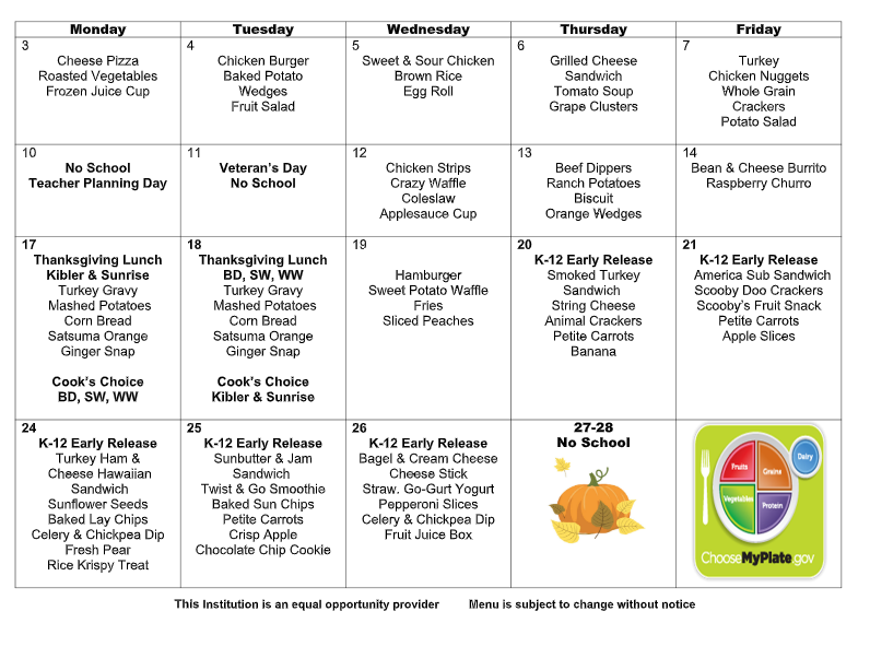 October lunch calendar, page 2