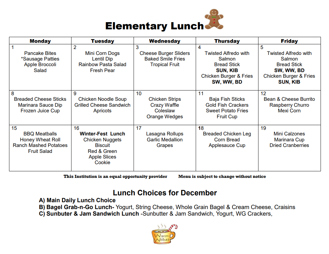 October lunch calendar, page 2