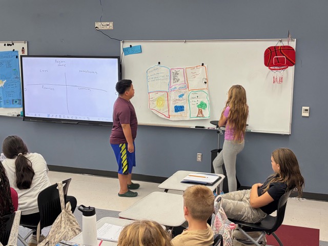 Classroom with students seated at desks. Two children stand by a whiteboard with drawings. A monitor is mounted on a wall.
