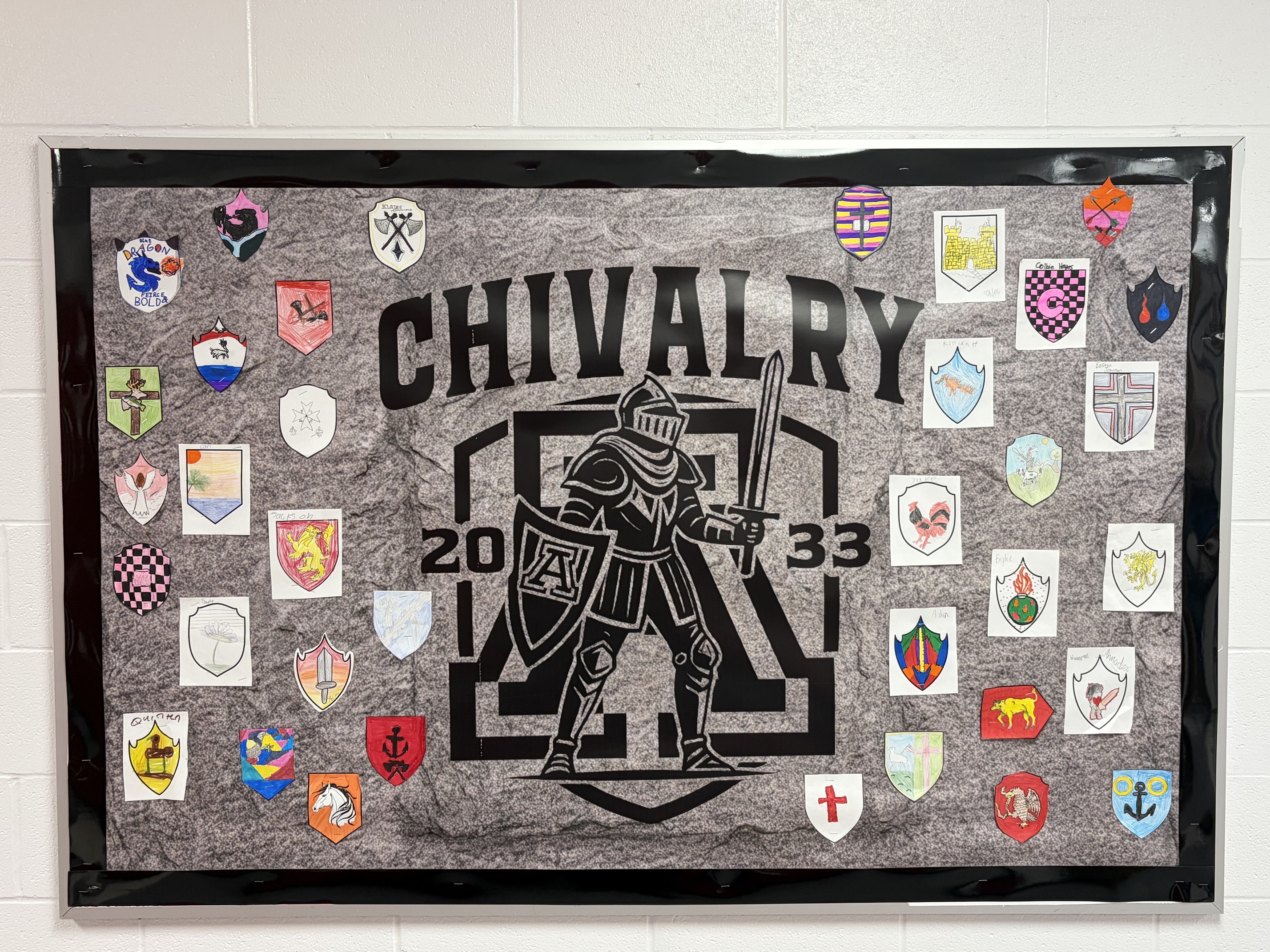 Black frame around a gray, textured background with 'CHIVALRY 20-33' and a knight illustration. Numerous shields, badges, and logos.