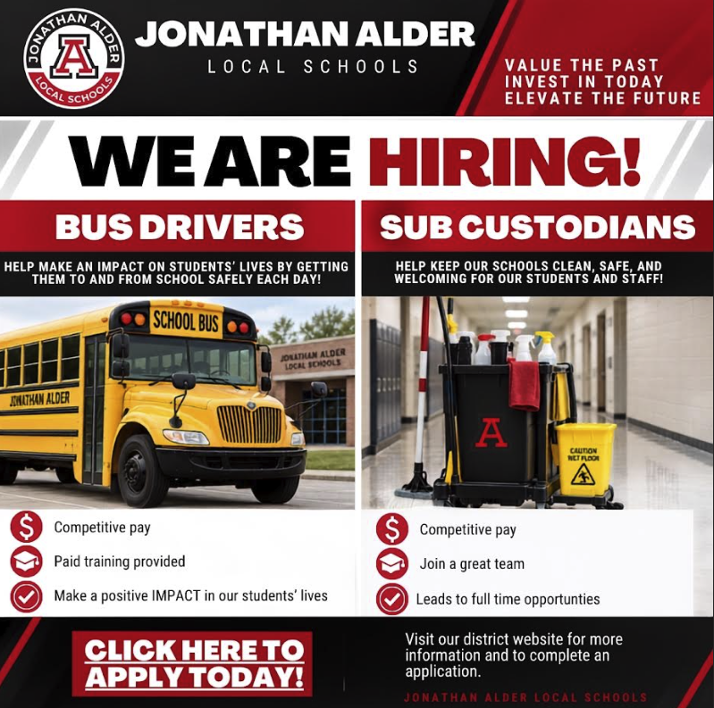 Advertisement for Jonathan Alder Local Schools hiring bus drivers and sub custodians. Bus photo with text. Janitorial equipment photo with text.