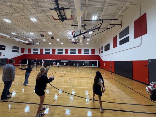 People in a gym with a wooden floor play with rackets and a ball. Some people stand at the sides.