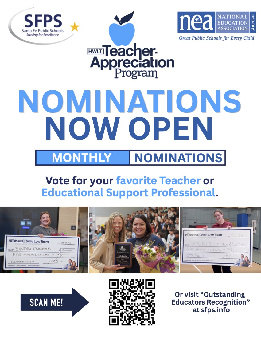 A poster advertises teacher nominations with a collage of smiling people holding awards. A blue apple and text 