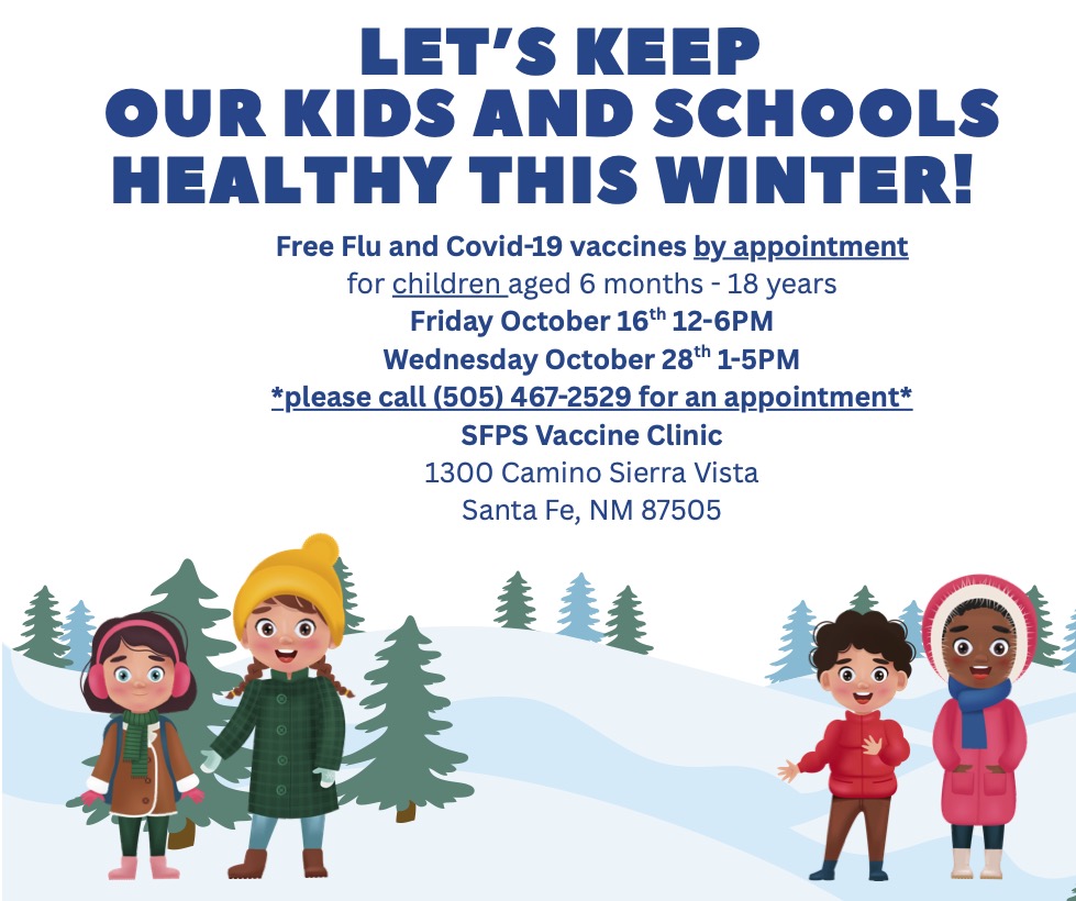 An ad for flu and Covid-19 vaccinations features children in winter clothing standing in snow with evergreen trees.