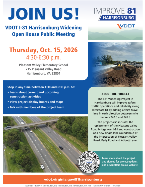 VDOT I-81 Harrisonburg Widening Open House Public Meeting, October 15, 2026, 4:30–6:30 p.m.