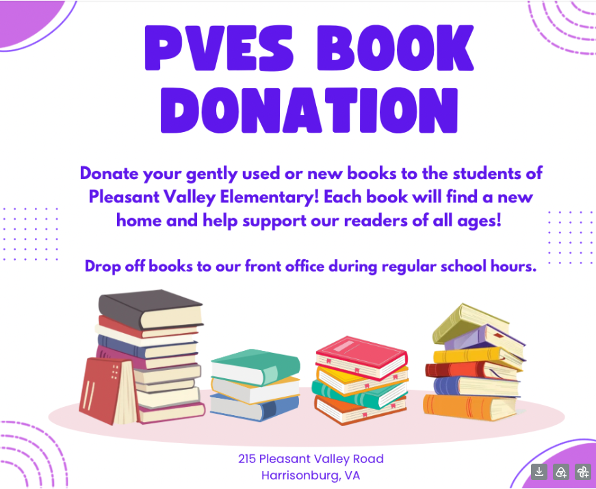 Book donation flyer. All donations of gently used or new books can be dropped off at PVES.