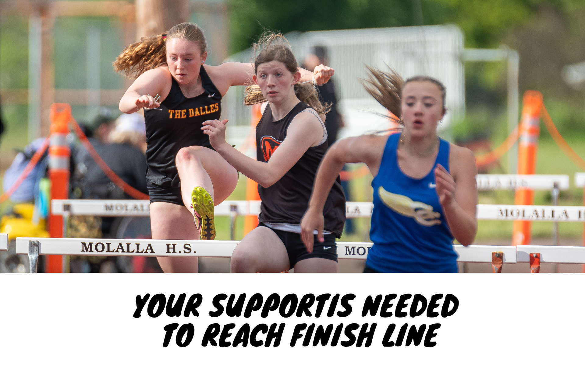 track athletes with banner asking for community support