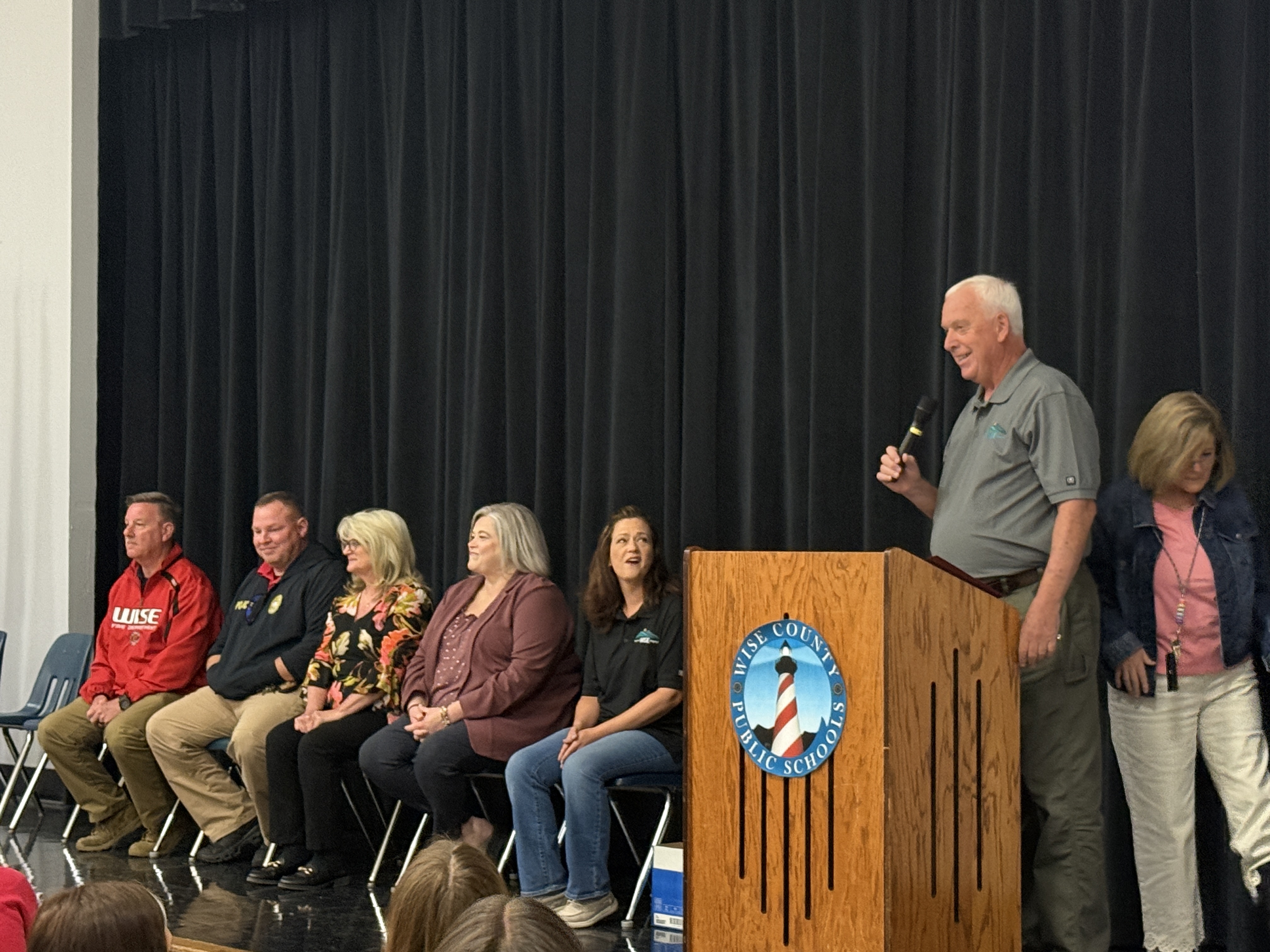 Town of Wise Mayor, Caynor Smith speaks to seventh and eighth grade students at L.F. Addington Middle School.