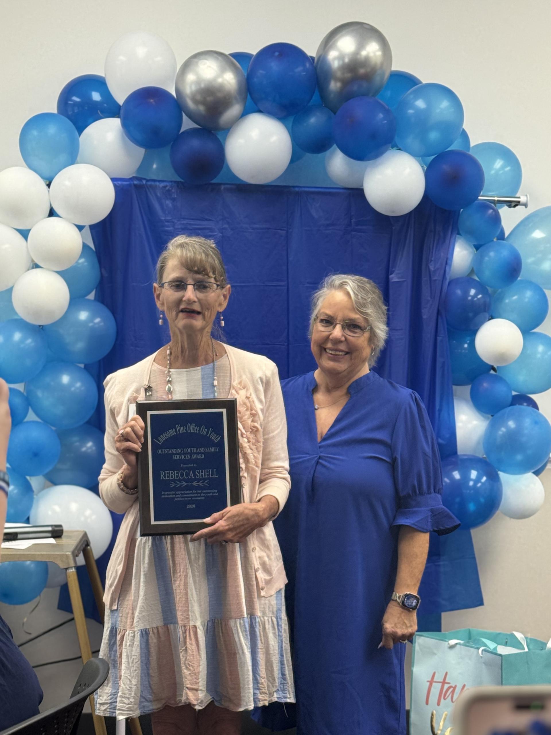 On Friday, April 17, 2026, at the annual Celebration of Children Luncheon held at Mountain Empire Older Citizens (MEOC), Mrs. Rebecca Shell was honored with the Outstanding Youth and Family Services Award from the Lonesome Pine Office On Youth.  This award is based on nominations from peers and is a reflection of service providers who exemplify excellence in their work with the youth and families of Wise County.  Mrs. Rebecca Shell has been employed for over 40 years with Wise County Public Schools. During her tenure, she has served in many capacities from a classroom paraprofessional to her current position of Parent Resource Specialist. Mrs. Shell has a true commitment and heart of service to the children and families in our community. A tireless advocate, she connects families to essential resources and community support to enhance their quality of life.  Please join us in congratulating Mrs. Rebecca Shell on this well-deserved honor!