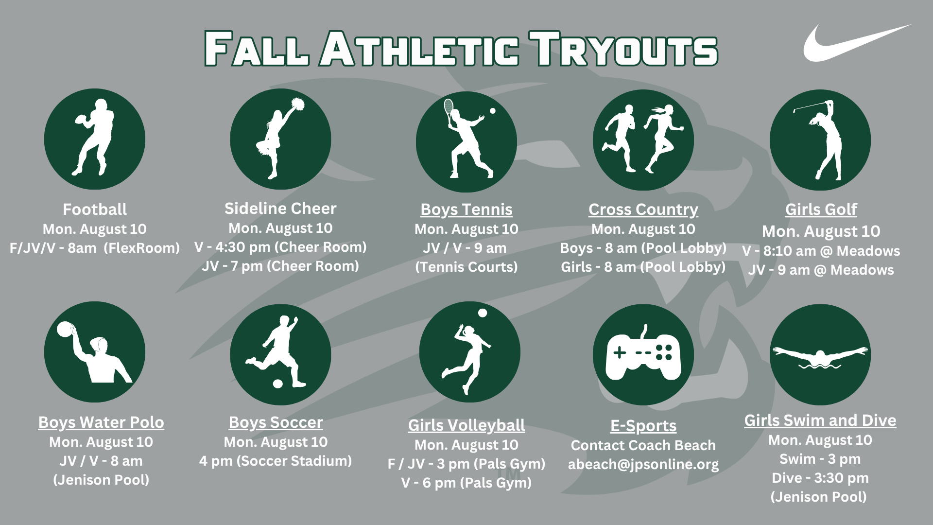 Jenison Athletics Falls tryout schedule graphic with 10 sport teams tryout information listed