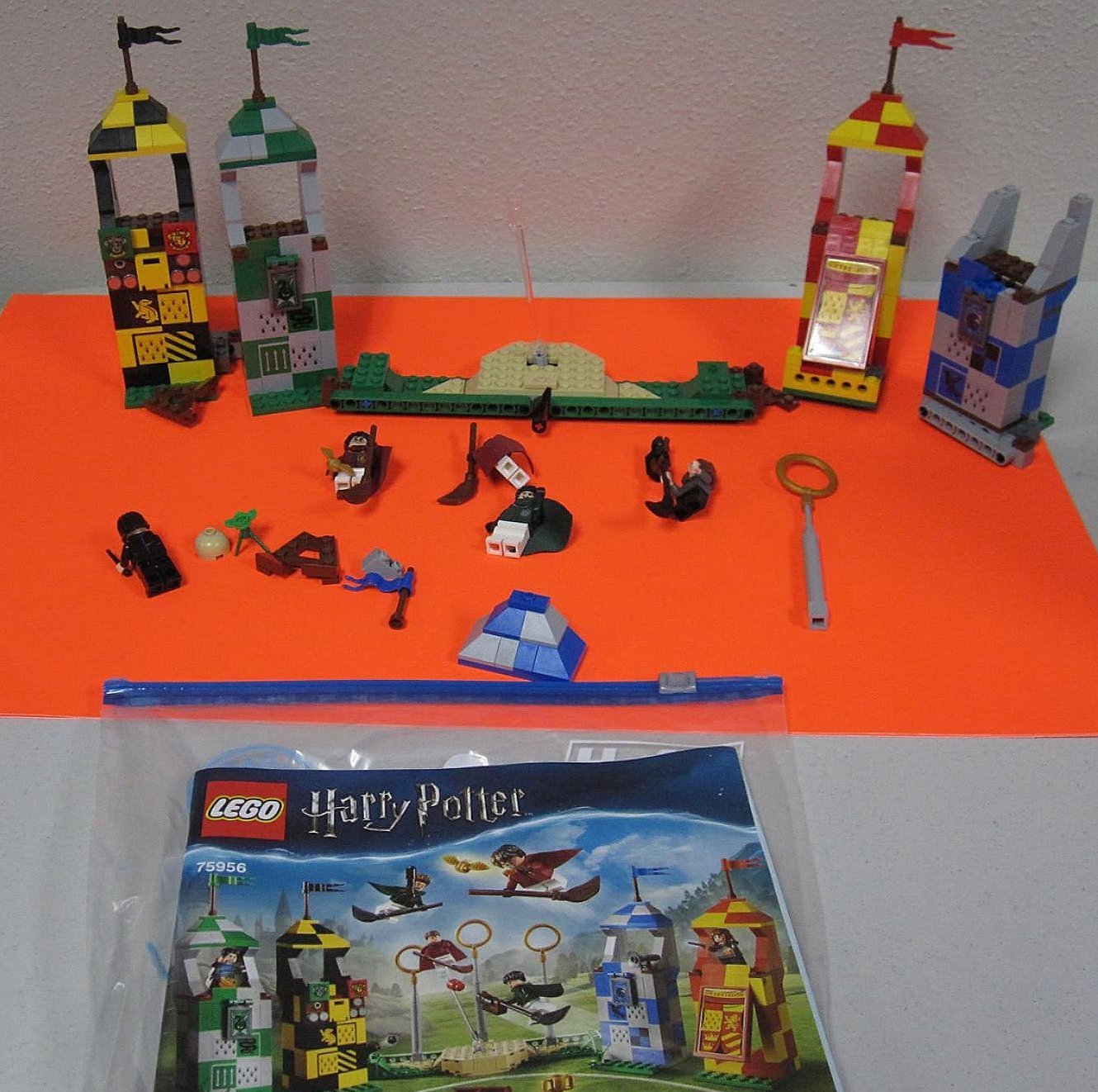 Harry Potter Lego set box with completed towers and accessory pieces