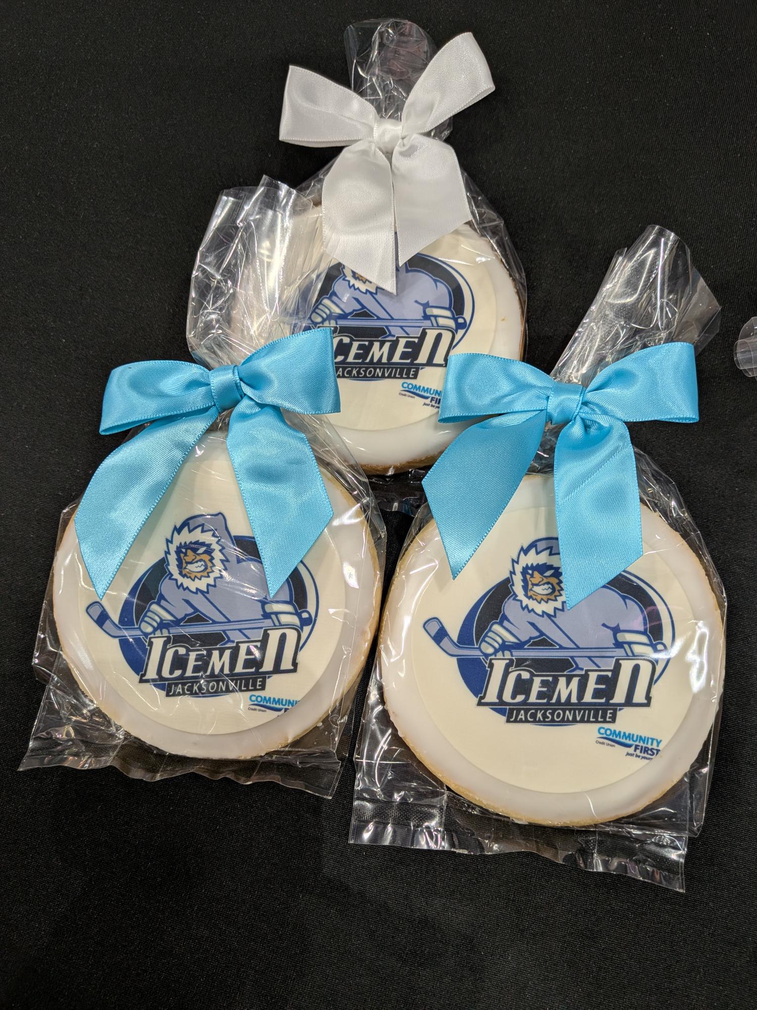 3 Icemen logo cookies wrapped in clear wrap and tied with pretty bows