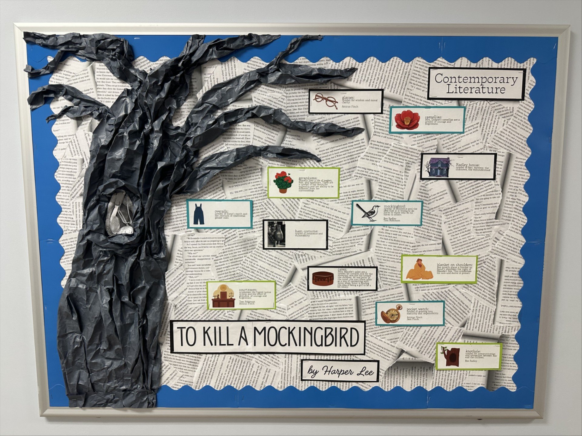 bulletin board showing a diagram of the book with a large tactile black tree