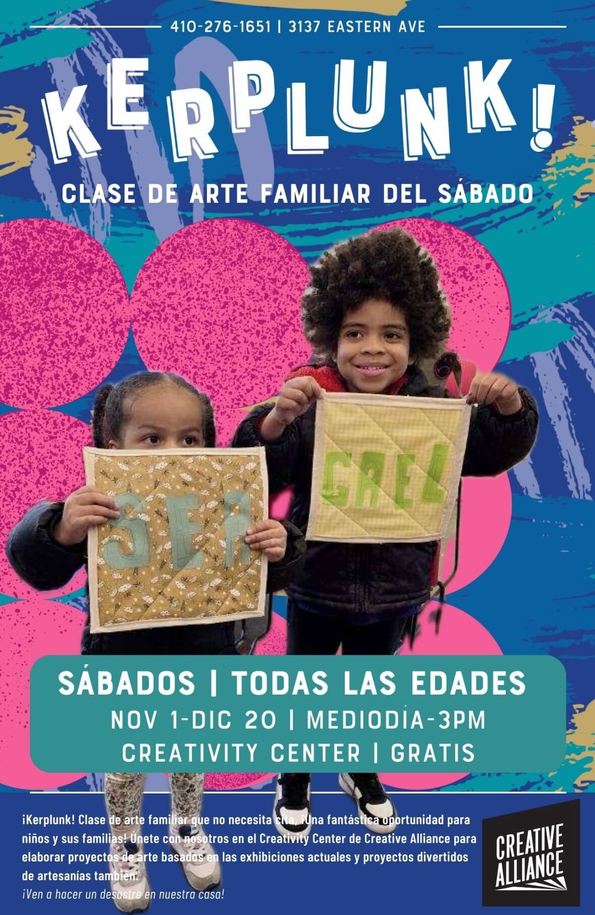 Folleto de KERPLUNK- clases de arte familiar de sábado