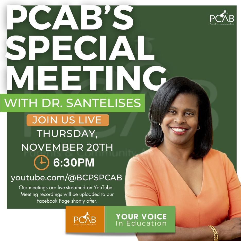 folleto de la reunion PCAB con la Dra. Santelises el jueves 20 de noviembre a las 6:30 p.m.