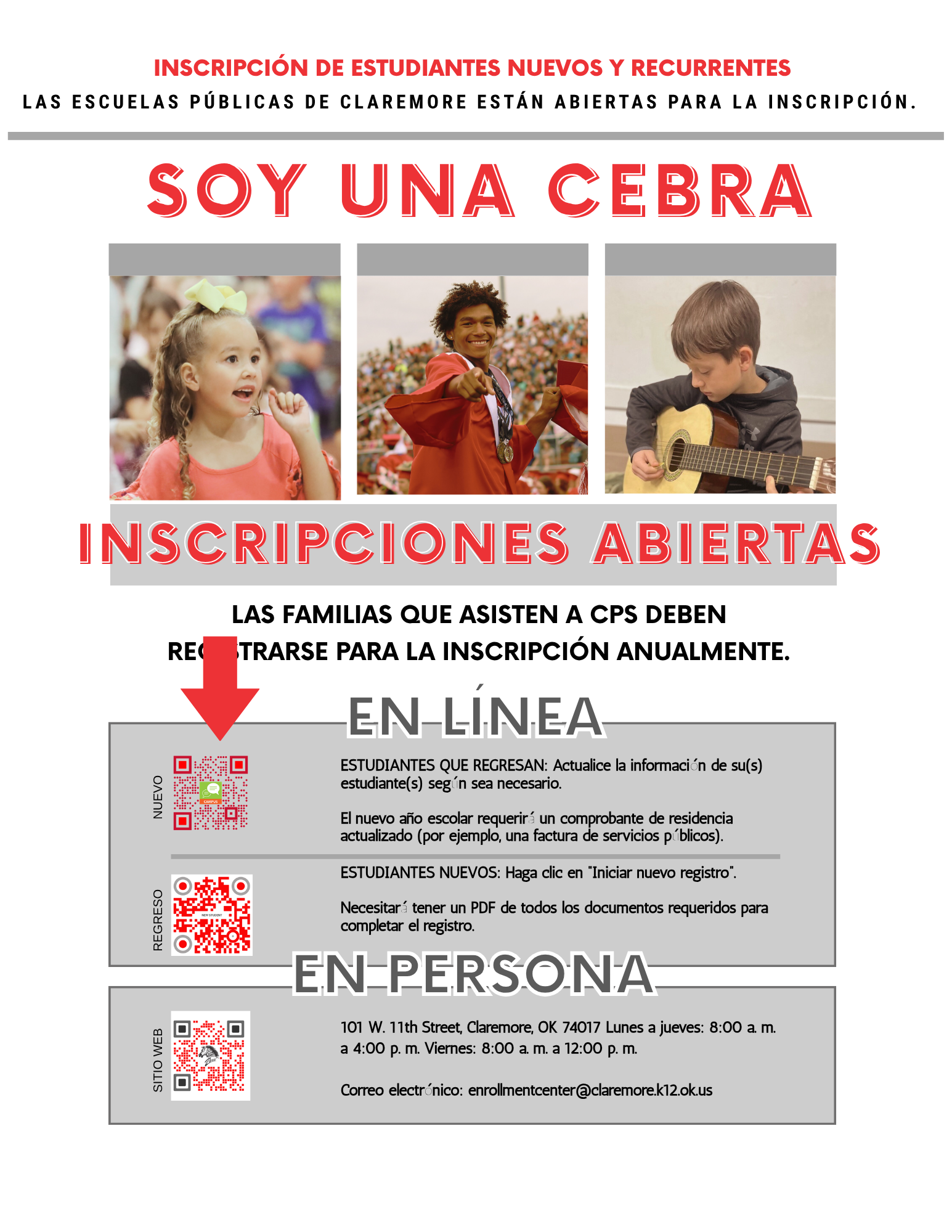 REGISTRATION FOR ALL RETURNING CPS STUDENT IS NOW OPEN. Every family who attended CPS in 25-26 school year will need to confirm their enrollment for the 26-27 school year. Students WILL NOT be assigned a teacher (elementary) or classes (secondary) until this process is completed. CPS Enrollment Registration for ALL RETURNING STUDENTS (sent in email) Phase 1: Online Registration Update (begins March 23, 2026) Access the Infinite Campus (IC) Parent Portal: Navigate to the IC Parent Portal login page. If you have not activated your account, please email enrollmentcenter@claremore.k12.ok.us or call 918-923-4350 to receive your activation key. Complete the Online Registration Update: Log in to your IC parent portal via a desktop or the IC app. Navigate to Home Screen > Shortcuts > Zebra Online Registration Update. Select 