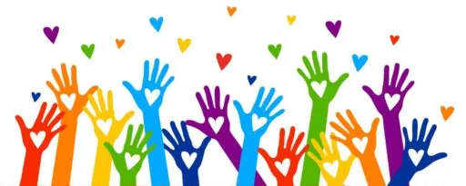 colorful image of hands surrounded by hearts