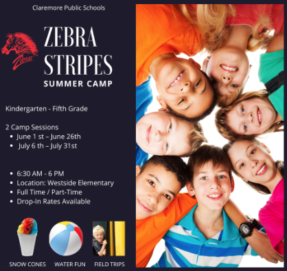 Zebra Stripes Program is an after-school program that is held during the school year and the summer season. Our program’s focus is to provide exceptional care for kindergarten through fifth grade. The program will offer activities that will be age-appropriate and provide the children with social, emotional, and physical development.   Kindergarten - Fifth Grade  6:30 AM - 6 PM  Full-Time  l  Part-Time  l  Drop-In Rates Available  Location: Westside Elementary  2 Camp Sessions  June 1st – June 26th  July 6th – July 31st 