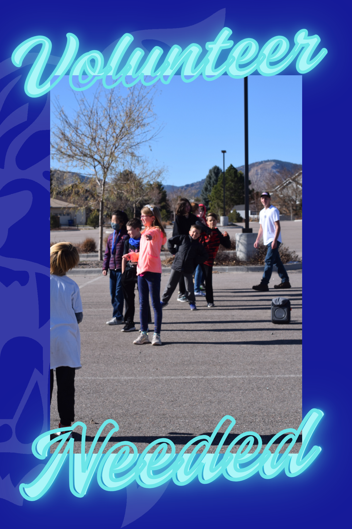 Image of students at lunch and text that reads volunteer needed