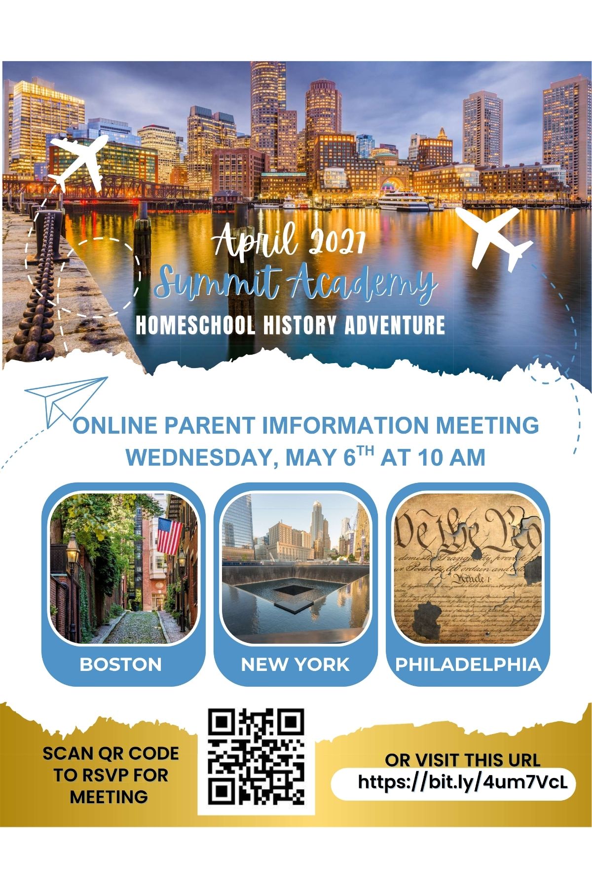 Flyer for homeschool history trip parent meeting may 6th 10 am