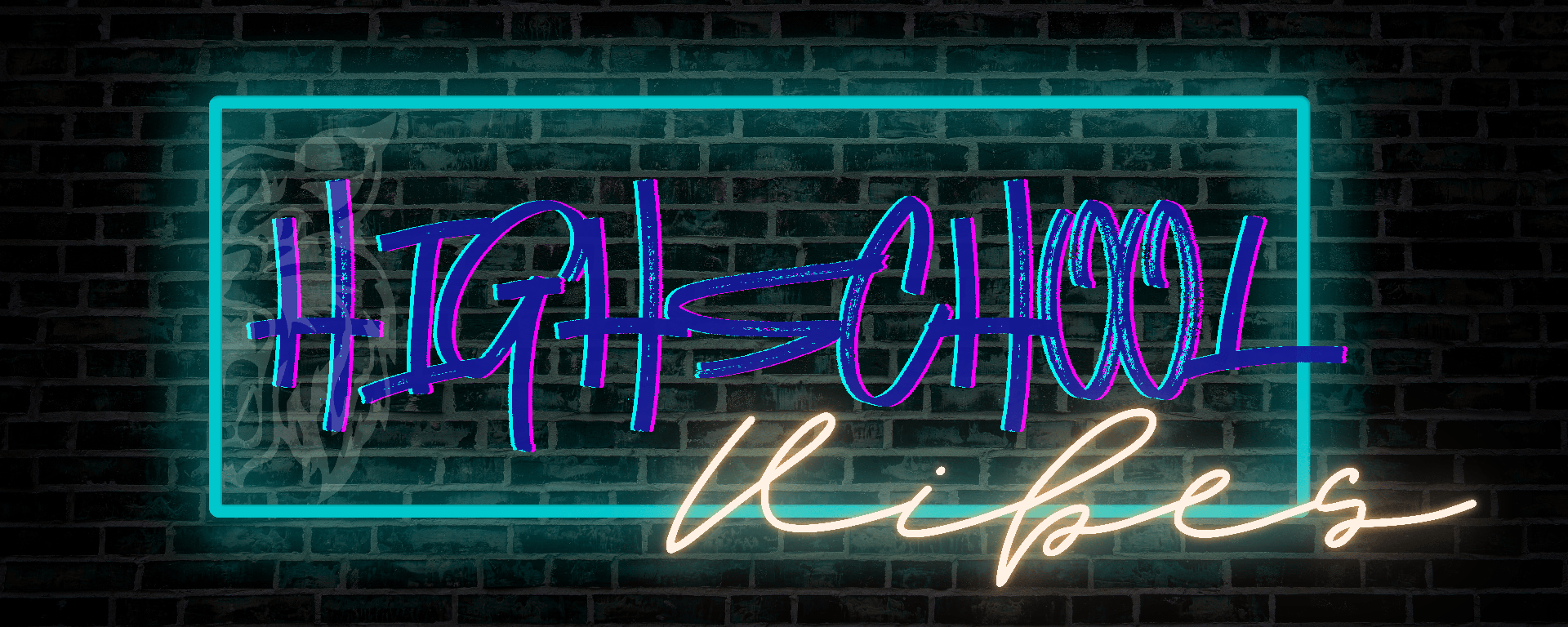 Neon Lights rectangle in blue with the half wild cat face Logo and lets that glows and reads hgh school vibes