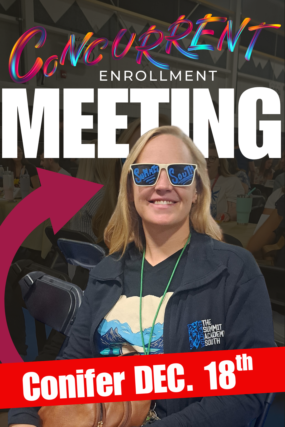 Image of Megan bidwell and text that reads concurrent enrollment meeting conifer Dec 18th
