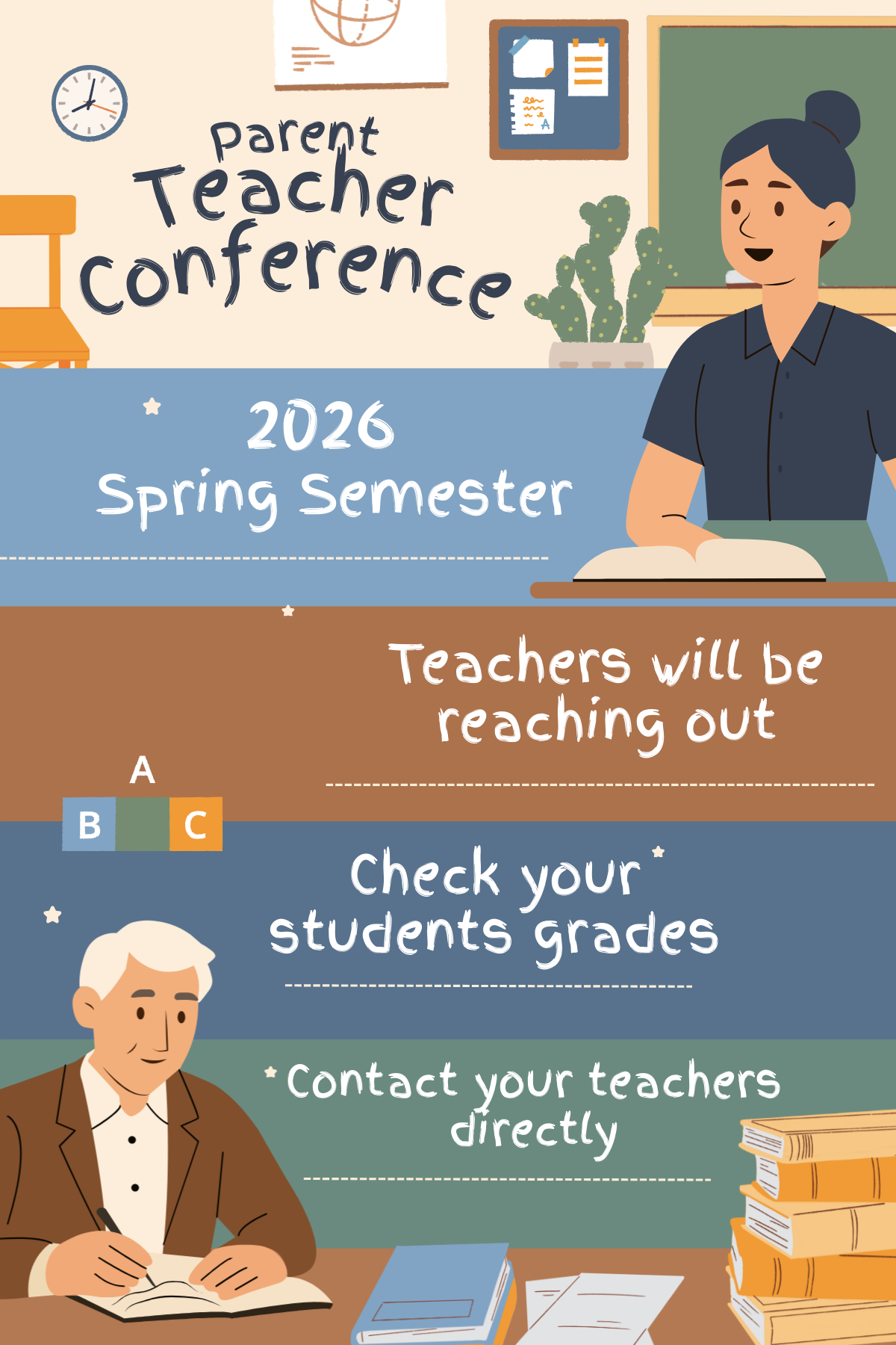 Illustration of teachers at school and text that reads parent teacher conference 2026 Spring Semester Teaching will be reaching out check your students grades and contact your teachers directly. 
