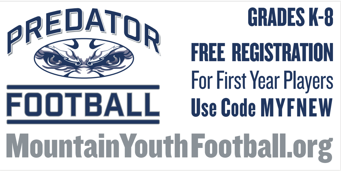 Logo with text that reads: Predator football mountainyouthfootball.org Grades k-8 Free registration for first year players use code MYFNEW