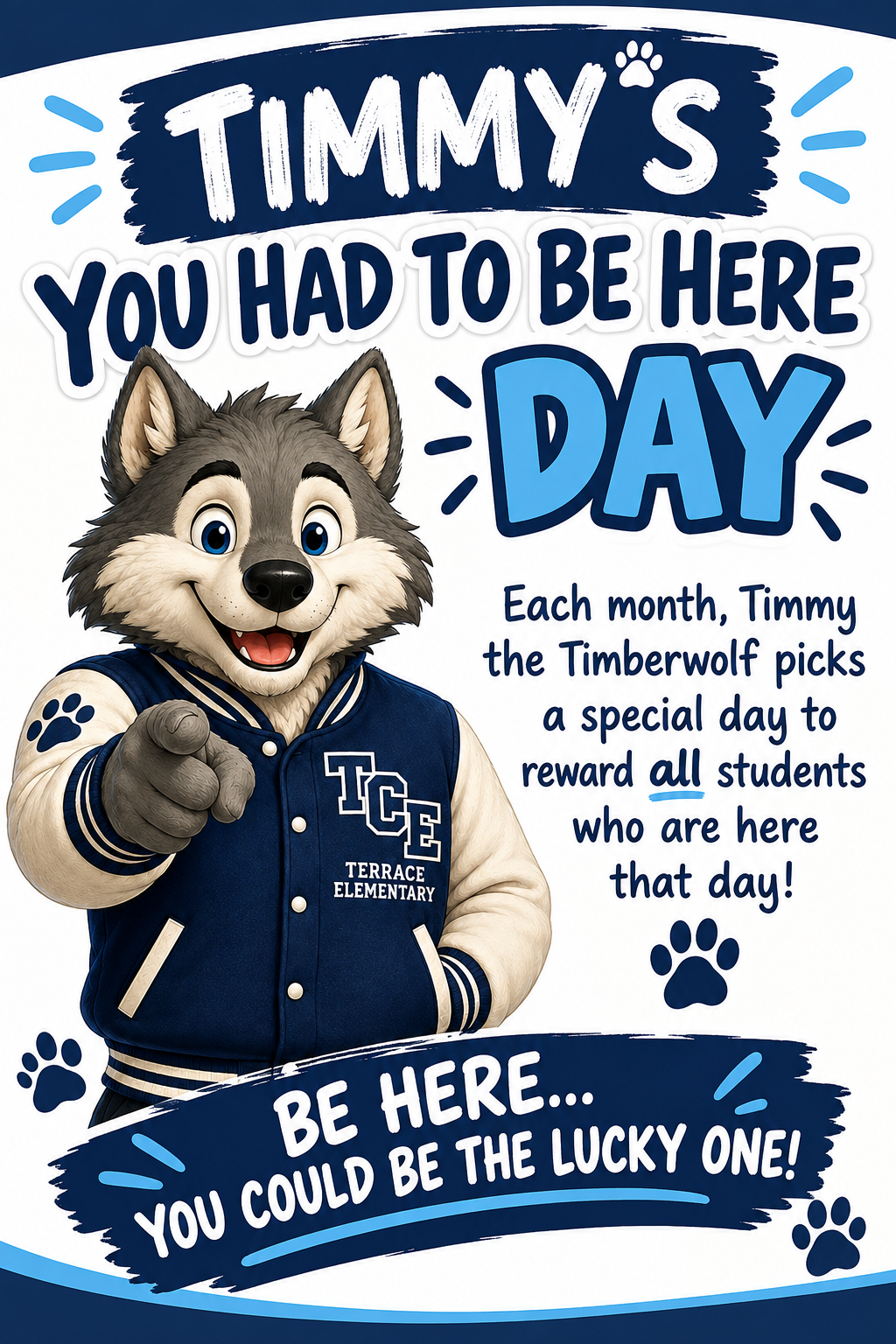 A poster featuring Timmy, the wolf mascot, in a blue jacket. Text highlights the special day chosen by Timmy, encouraging students to attend.