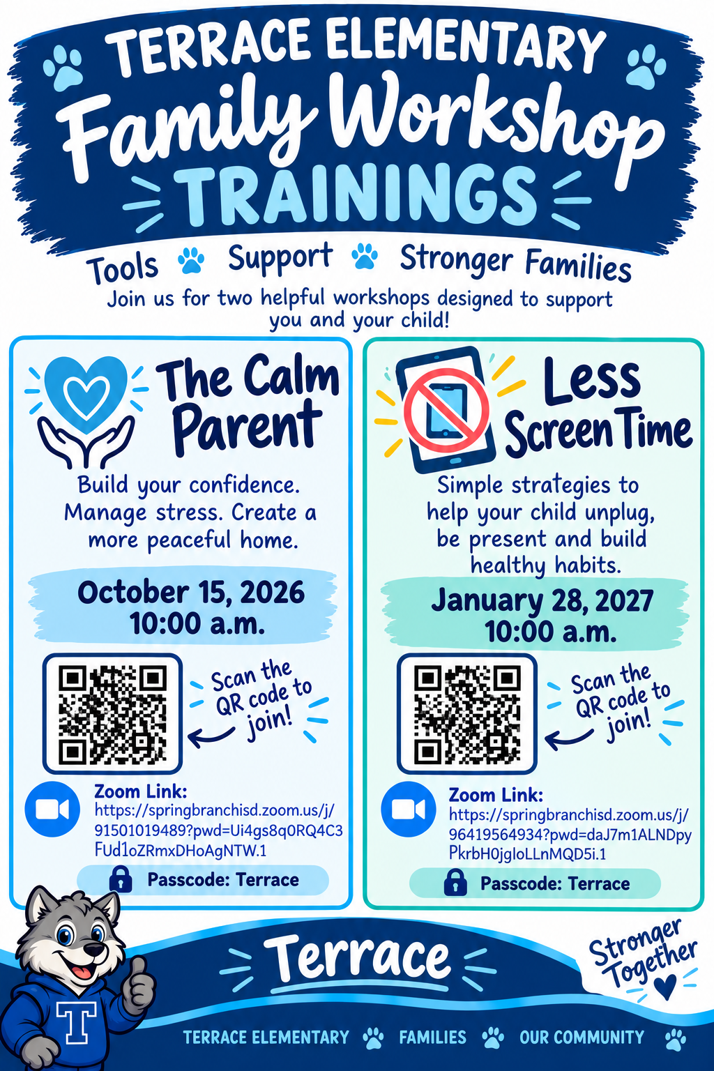 A flyer for Terrace Elementary Family Workshop Trainings offers two sessions: 