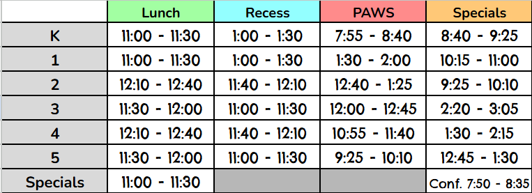 A table displays a schedule of different activities with columns for lunch, recess, and specials.