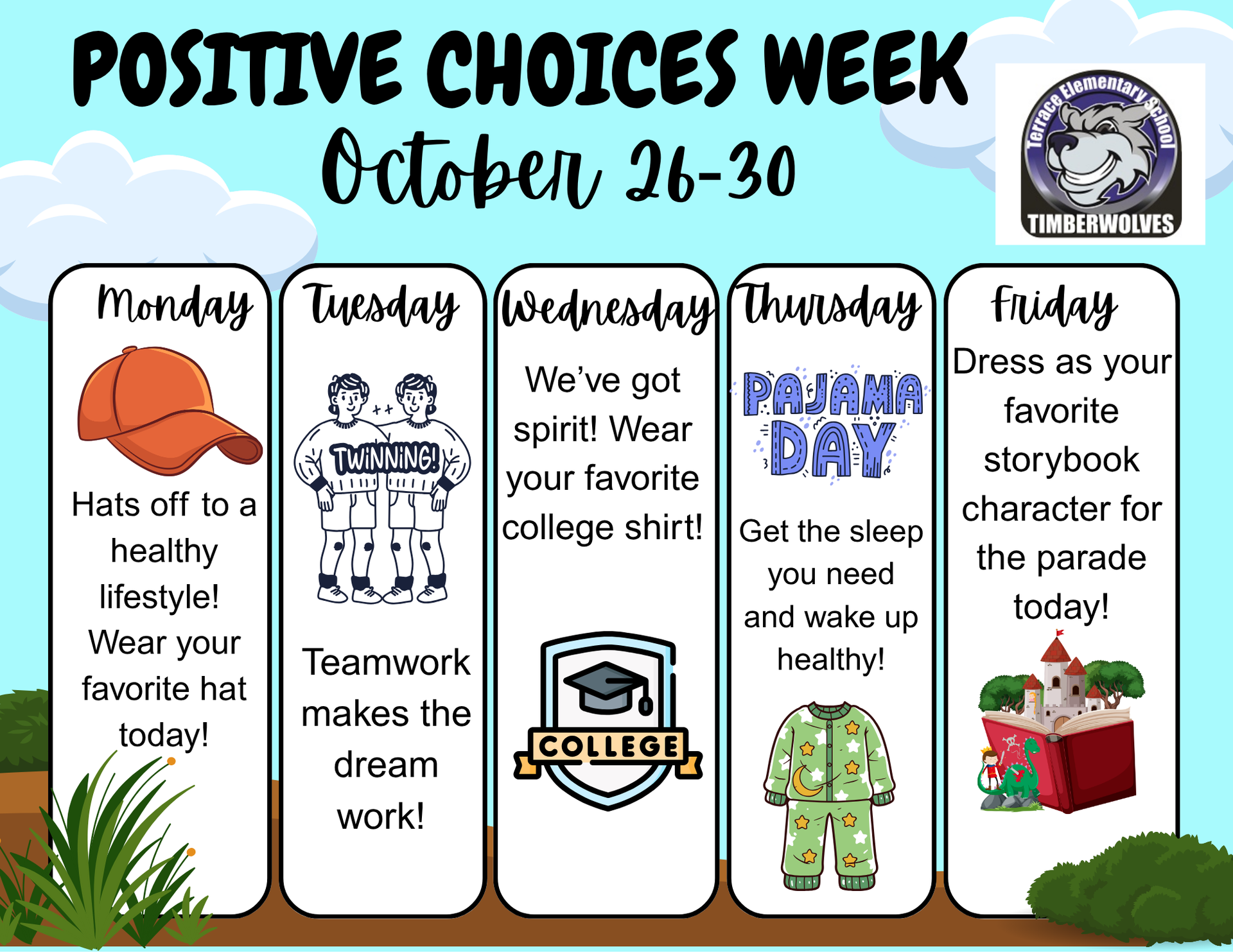 A colorful graphic lists themes for each day from Monday to Friday during Positive Choices Week.