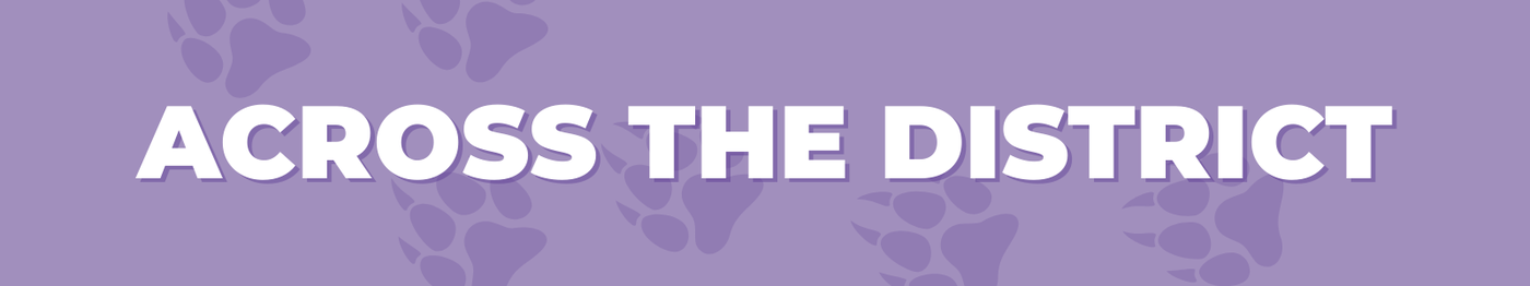 Purple banner with paw prints reading 