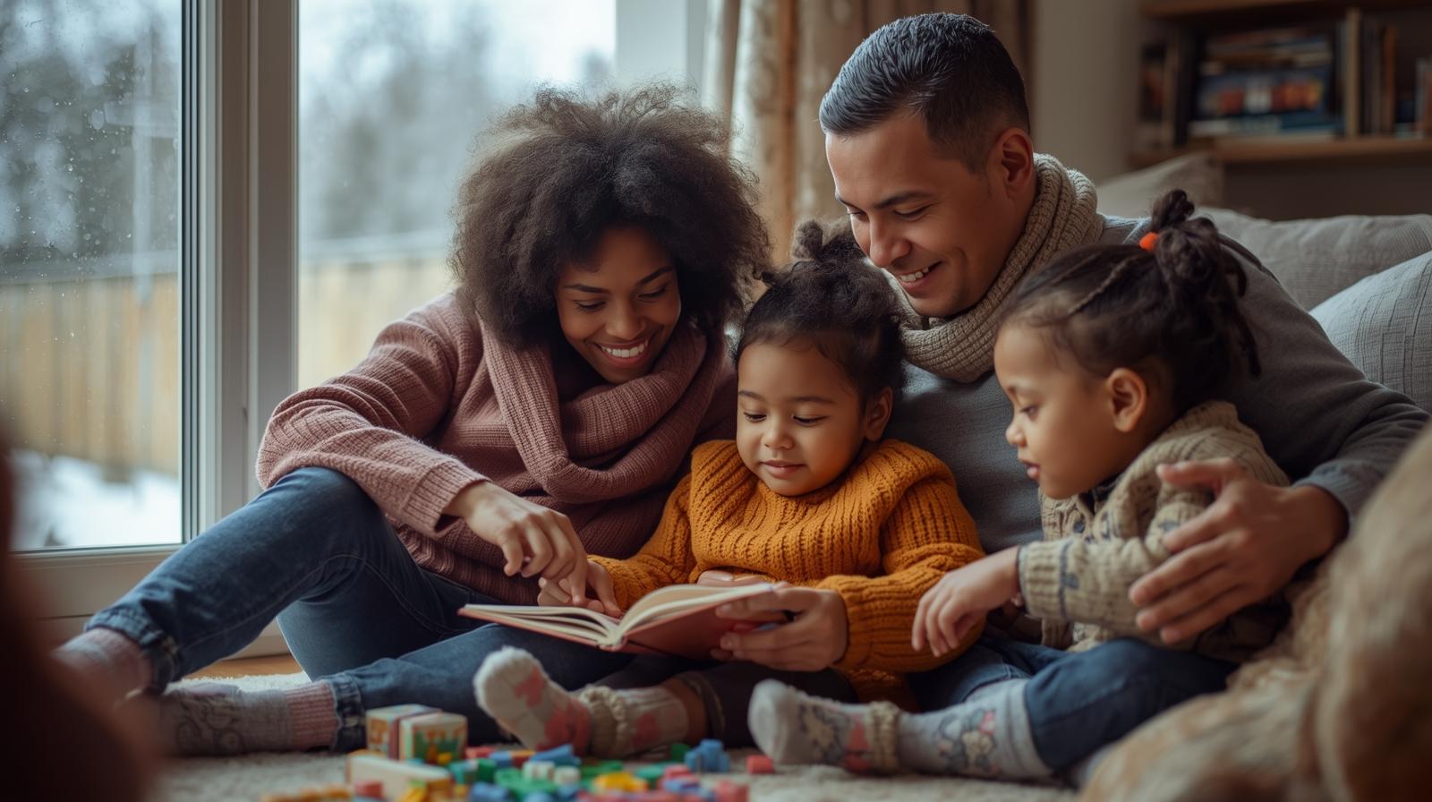 Image of parents/guardians reading a book with their two children.